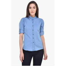 Womens Denim Solid Casual Mandarin Neck Shirt Light Blue Fabric